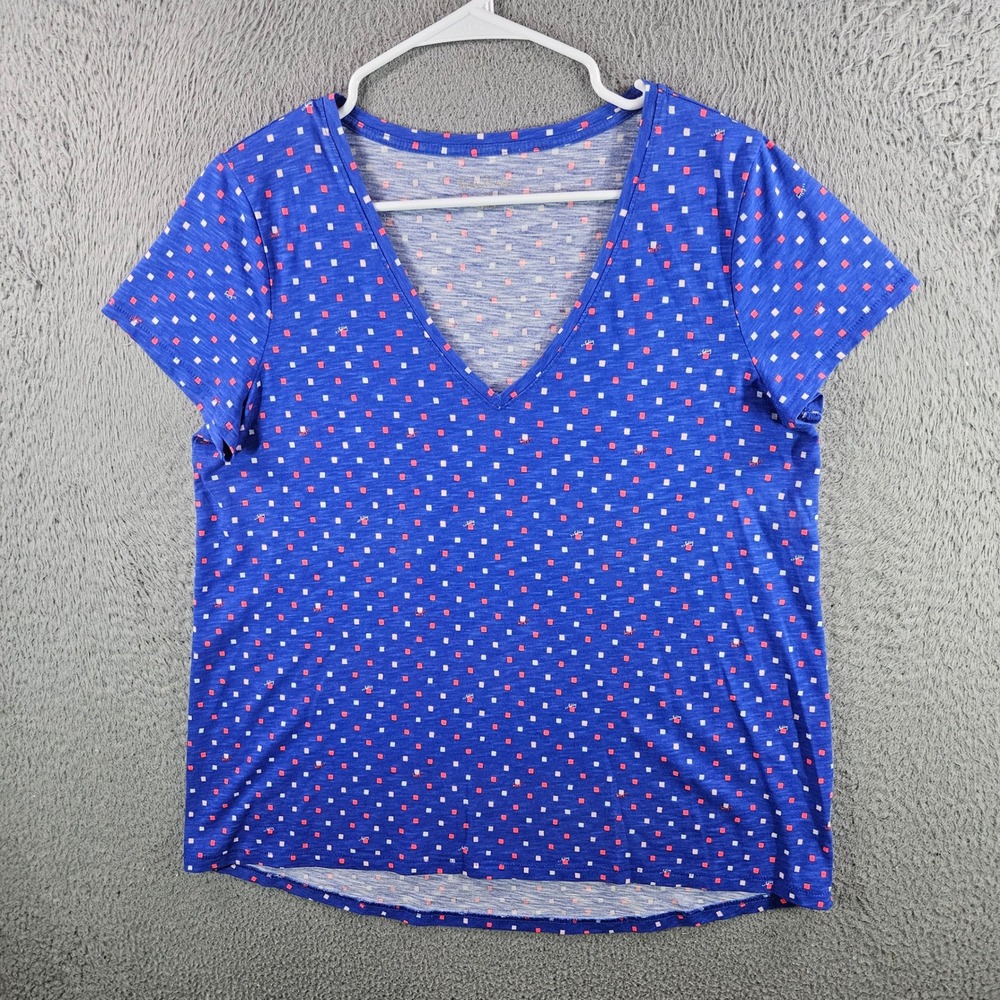Lilly Pulitzer Womens Blue V-Neck T-Shirt Geometric Square Print Cotton‎ Medium